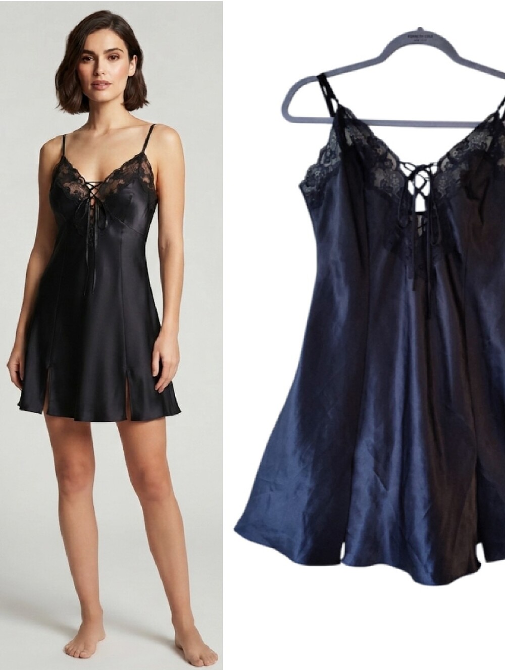 VTG Frederick's Of Hollywood Black Mini Lace Up Satin Slip Dress Large Coquette
